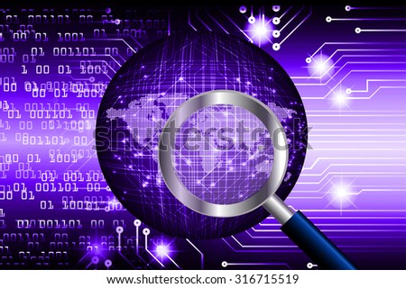 Magnifying Glass scanning and identifying a computer virus.Antivirus protection computer security concept.PC.one zero.scan.technology digital website internet web. World Map,Global.binary digit.purple