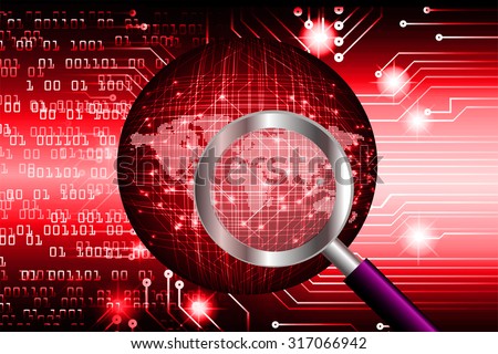 Magnifying Glass scanning and identifying a computer virus.Antivirus protection computer security concept.PC.one zero.scan. technology digital website internet web. World Map,Global.binary digit.red