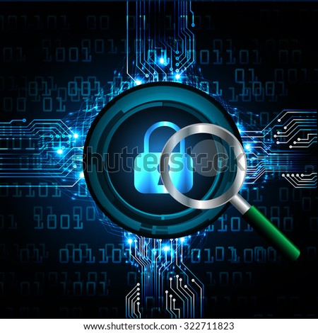 Magnifying Glass scanning and identifying a computer virus. Antivirus protection and computer security concept. PC. vector one zero. scan. technology digital website internet web, lock, key, Padlock
