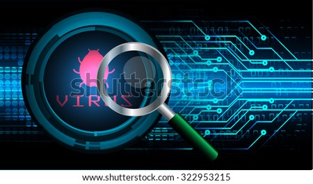 Magnifying Glass scanning and identifying a computer virus. Antivirus protection and computer security concept. PC. one zero. scan. technology digital website internet web.