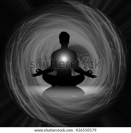 man meditate dark black abstract background, yoga. ray. beam. Buddhist meditation, Hindu meditation.