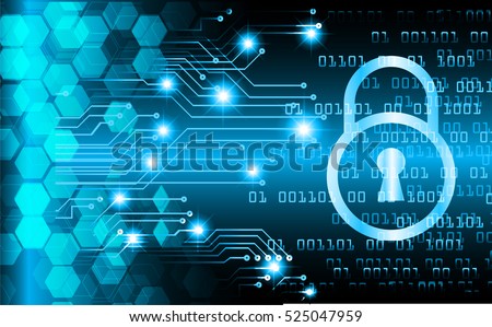 Safety concept, Closed Padlock on digital, cyber security, Blue abstract hi speed internet technology background illustration. key