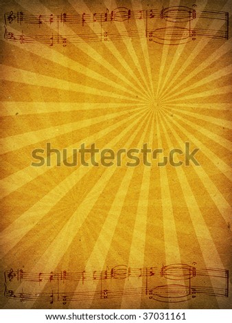 A texture image of old paper cardboard with vector like sun rays and musical notation staff.