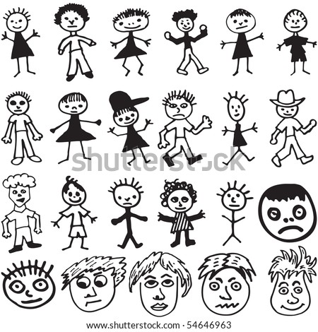 A collection of 23 cartoon characters and faces drawn in the style a child would draw.