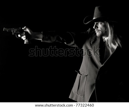 Black and white image of an outlaw character aiming a revolver.