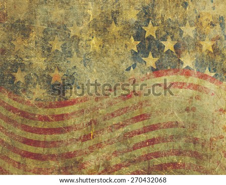A US American flag design in a grunge style heavily distressed, damaged and faded with the appearance of being old paint on concrete.