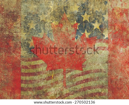 Grunge style Canadian flag overlaying an the American flag both heavily distressed, damaged and faded with the appearance of being old paint on concrete.
