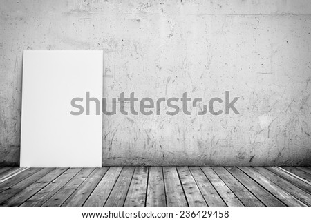Three-dimensional illustration of interior: white blank poster on concrete wall and wood floor. Black and white.