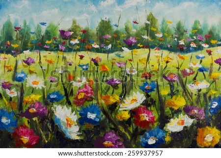 Original oil painting of flowers,beautiful field flowers on canvas.Field warm flowers.Modern Impressionism.Impasto artwork.