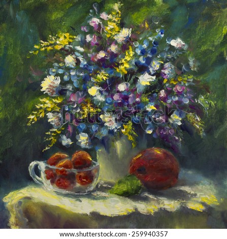 Original oil painting still life, beautiful flowers on canvas. Vase with the flowers. Modern Impressionism. Impasto artwork.