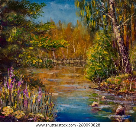 Original seascape oil painting of river forest, fall in the water, shallow river, beautiful forest lake on canvas. Creek in the woods. Impressionism art.
