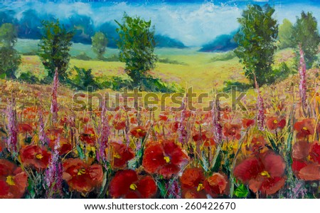Original red poppy oil painting, beautiful big red flowers on canvas. Italian Music Wildflowers. Impressionism. Palette knife artwork.