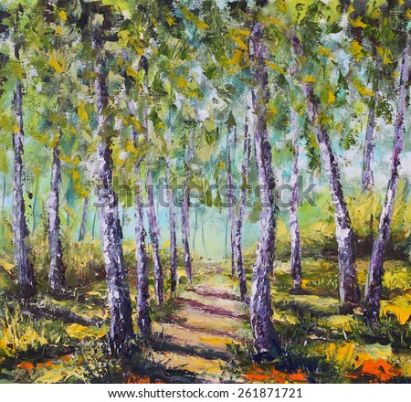Original oil painting sunny forest landscape, beautiful solar road in the woods on canvas. Sunny spring in birch forest. Palette knife artwork. Impressionism. Art.