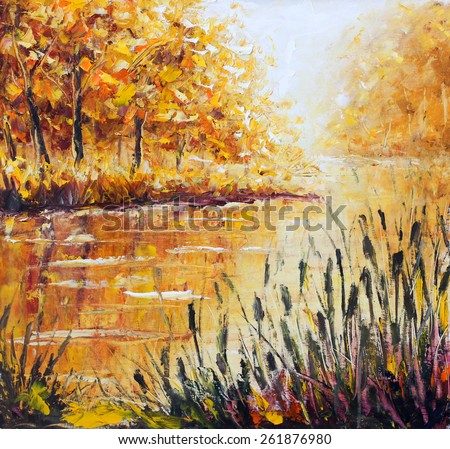 Original yellow oil painting autumn island seascape, beautiful autumn on canvas. Golden autumn in foggy river. Palette knife artwork. Impressionism. Art.