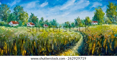 Summer landscape: Summer road through the field. Landscape oil. Painting palette knife. Countryside oil painting. Rural landscapes canvas with oil and palette knife.