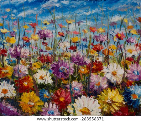 Original oil painting of flowers, beautiful field flowers on canvas. Summer field of flowers. Modern Impressionism. Impasto artwork. Spring art.