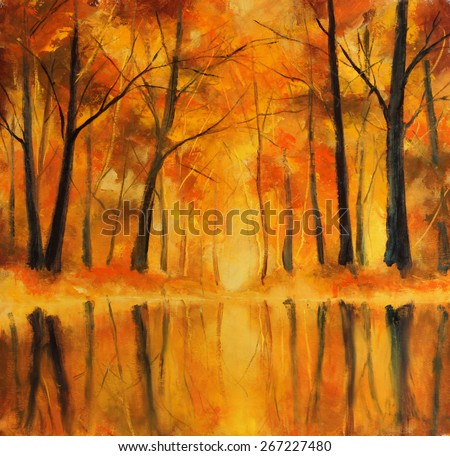 Original oil painting autumn wood landscape, beautiful big tree in the river  on canvas. Reflection of autumn trees in water. Palette knife artwork. Impressionism. Art.