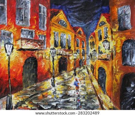 Oil painting on canvas. Night old city. Artwork. Yellow building. Lamps. A man walks on a night city. Impressionism. Art.