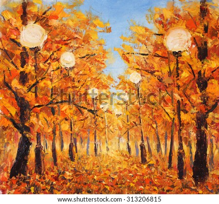 Original oil painting street strewn with yellow leaves. Trees in autumn with streetlight on canvas. Impasto artwork. Impressionism art.