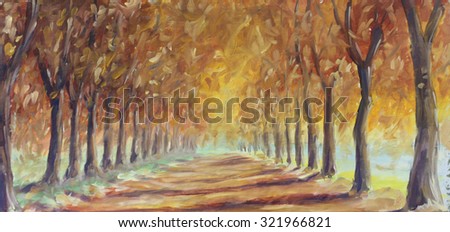 Original oil painting road in the autumn forest, oil painting on canvas. Impasto artwork. Impressionism art.