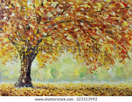 Original oil painting lonely autumn tree, fallen leaves, clouds, painting on canvas. Impasto artwork. Impressionism art.