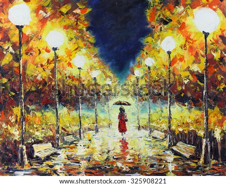 Original oil painting autumn walk in the park the night, lights, benches, yellow leaves on canvas. Impasto artwork. Impressionism art.