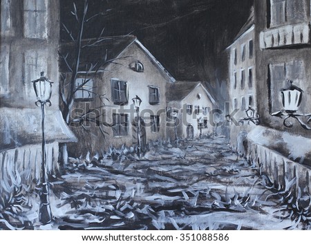 Original oil painting the dark streets of the old city at night on canvas. Impasto artwork. Impressionism art.
