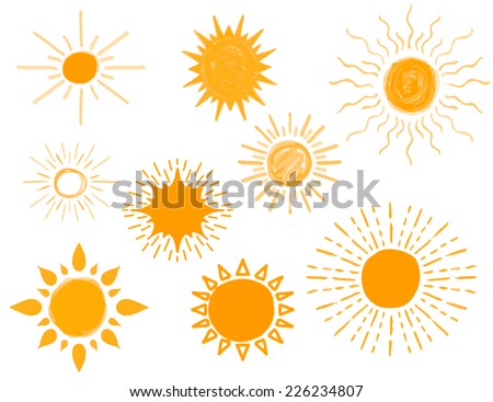 Set of Different Hand Drawn Sun Sketch, Vector Illustration