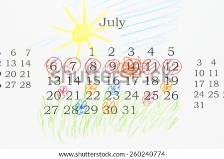 Calendar. July. Summer vacation in nature.