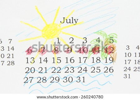 Calendar. July. Summer vacation.