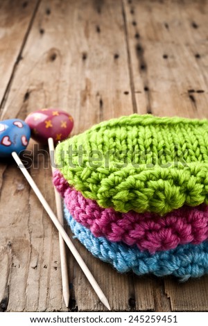 wool knitting hats, colourful hats, homemade organic wool, hobby concept,bio wool