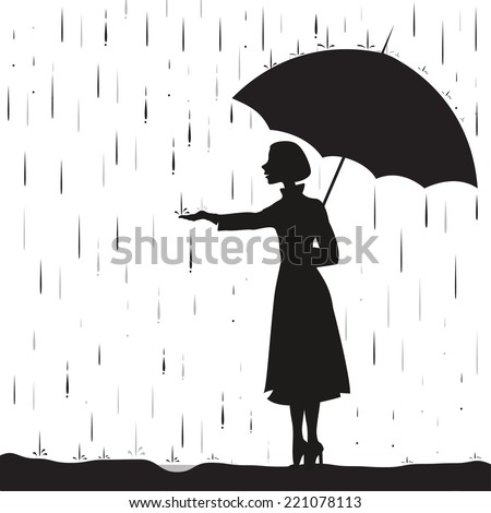 girl under the rain holding umbrella, touching the rain drops, downpour, shadows, black and white