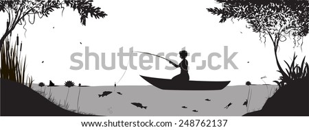 boy is fishing on the boat near the river banks in forest.