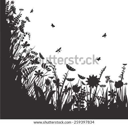shadows flowers, summer round, vector, black and white,