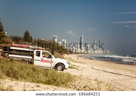GOLD COAST, AUSTRALIA - JANUARY 2, 2013: Car on the beach in City of Gold Coast, Queensland on January 2, 2013, Australia