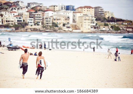 SYDNEY, AUSTRALIA - DECEMBER 27, 2102: Surfers at Bondi Beach in Sydney on December 27, 2012, Australia.