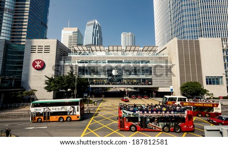HONG KONG, CHINA - DECEMBER 23, 2013: City train rails and traffic on Hong Kong Island on December 23, 2013 in Hong Kong, China.