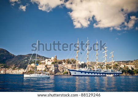 Tall 5-mast ship at Mediterranean Sea