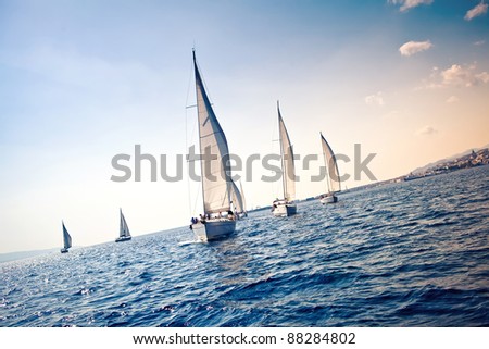 Sailing ship yachts with white sails in a row