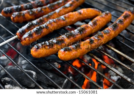 Meat on grill above campfire - Merguez sausages