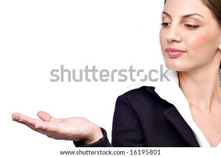 Business woman offering an empty hand (place your product) - stock-photo-business-woman-offering-an-empty-hand-place-your-product-16195801