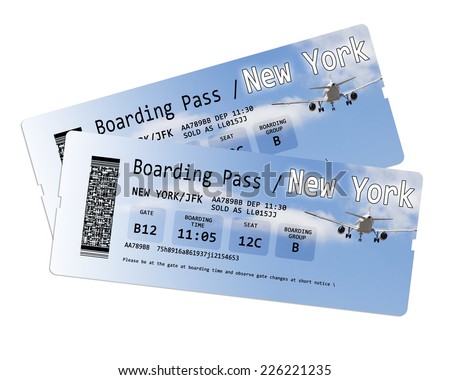 Airline boarding pass tickets to New York isolated on white - The contents of the image are totally invented.