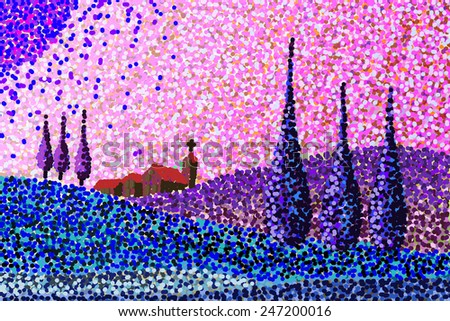 Digital drawing inspired by Tuscany landscapes (Italy) (Drawing is composed of about 17.000 colored dots