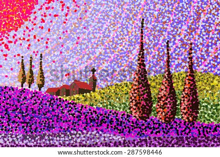 Tuscany landscape - hand made sketch\
Digital drawing inspired by Tuscany landscapes (Italy) (Drawing is composed of about 17.000 colored dots