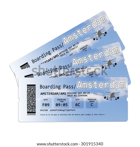 Airline boarding pass tickets to Amsterdam isolated on white - The contents of the image are totally invented.