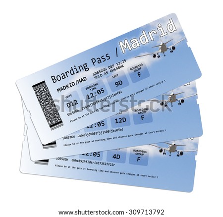 Airline boarding pass tickets to Madrid isolated on white. \
The contents of the image are totally invented