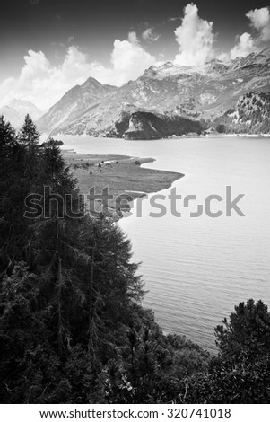 Walking around Sils lake - Upper Engadine Valley - Switzerland - black and white image
