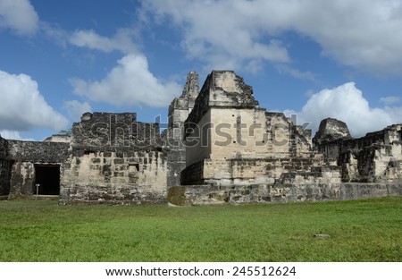 Found in Guatemala, close to the Belize border, the ruins in Tikal National Park rise majestically into the sky./Ancient Mayan Ruins at Tikal, Guatemala.