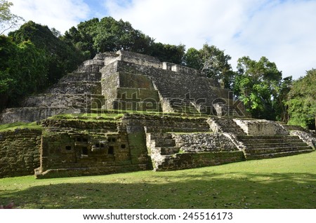 The Mayan ruins of Lamanai once belonged to a sizable Mayan city in the Orange Walk District of Belize./Ancient Mayan Ruins at Lamanai, Belize.