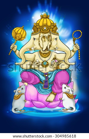 Two faces Ganesha with blonde body and four arms holding mace , lasso, break ivory , jar of jewel. Ganesha has mice as followers. This type of Ganesha is worshiped by those who were born on Monday
